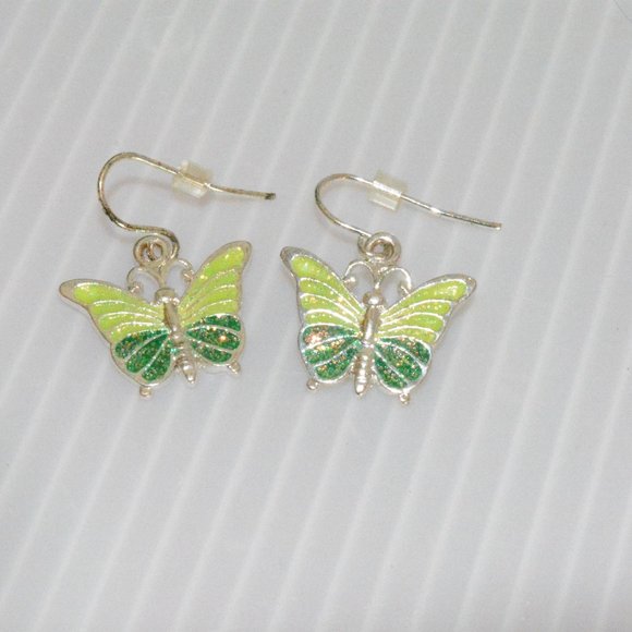 Two Toned Green Glitter Butterfly Drop Dangling Fashion Jewelry Pierced Earrings - Picture 1 of 6